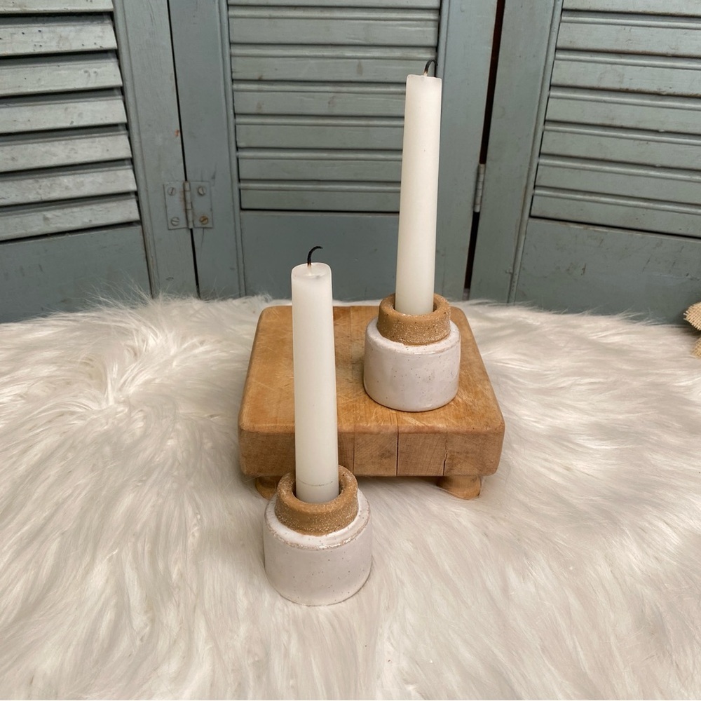 Two Pottery Candle Holders Two Way Function Neutral Cream Tan Glazed